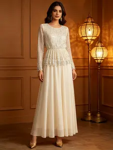 Elegant Muslim Women's Prayer Dress, Round Neck Long Sleeve Sequin Embroidered Chiffon Gown, Perfect for Weddings and Evening Events, Long Sleeve Dresses