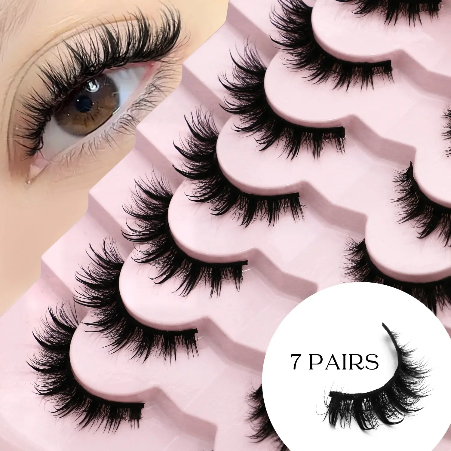GROINNEYA 7 Pairs Doll Eyelashes 5D Wispy Effect Natural Cross Faux Mink Eyelashes Waterproof Reusable, Lightweight False Lashes, Fake Eyelashes, Tail Elongated Eyelashes, Suitable For Party, Dates, Cosmetic False Lashes, Wispy Strip Lashes