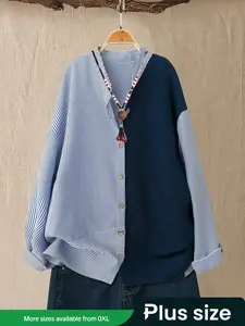 Plus Size Women's Striped Patchwork Colorblock Long Sleeve Round Neck Woven Shirt Blouses, Casual Fashion Top for Spring & Fall Seasons, Womenswear