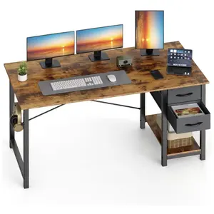 Computer Desk with Side Hook, 47 Inch Home Office Gaming Desk with Drawers, X-Shaped Reinforced Study Work Table for PC Laptop, Modern Wood Design