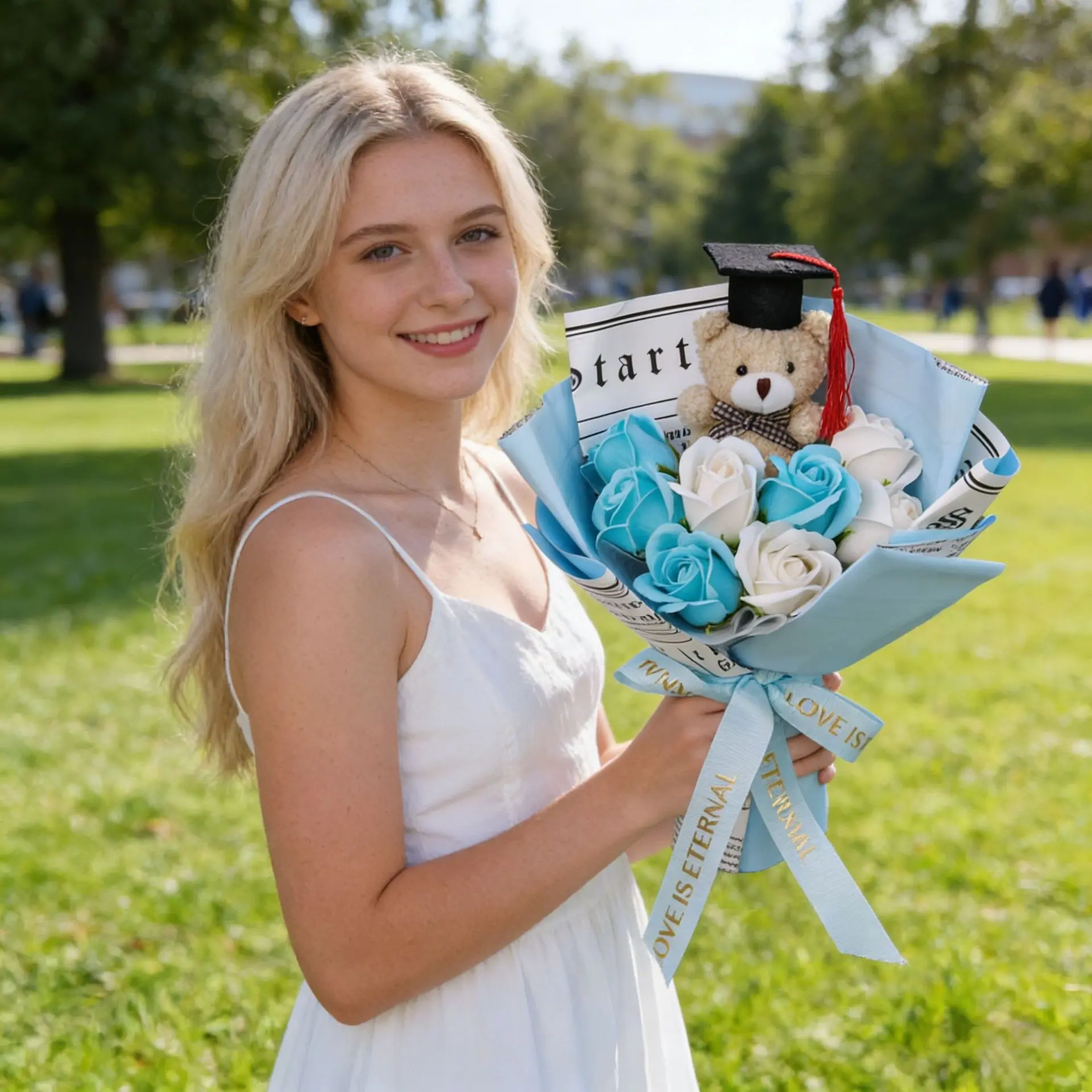 Graduation Plush Bear Rose Bouquet, Blue White Artificial Flower Gift with Cap Bear and Ribbon, Memorable Congrats Present for Graduation Party and Photo Moments, Graduation Favors, Decorative Gift, Graduation Gifts