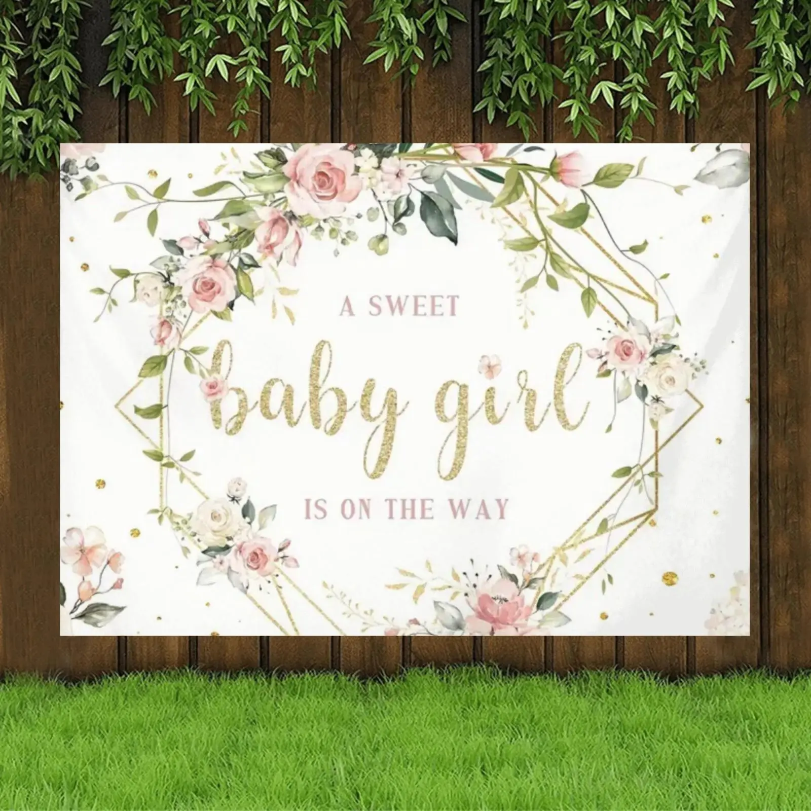 Stain-Resistant Floral Print Vinyl Backdrop Banner, 1pc "A Sweet Girl is on the Way" Design, Blush Pink-White with Golden Glitter, 59x82.7in/150x210cm & 70.8x90.6in/180x230cm, for Baby Announcement Party, Indoor-Outdoors Use