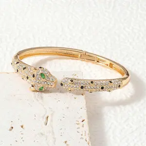 Fashionable Gold Tone Hip Hop Punk Rock Imitation Diamond Leopard Head Open Cuff Bracelet - Adjustable Stylish Accessory Bangle Jewelry, Versatile for Party, Daily Wear