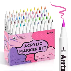 Arrtx 60colors Paint Markers , Acrylic Paint Pens for Artists Adults Coloring Drawing Cartoon Anime Comic - Brush Tip for Rock Painting, Wood, Canvas, DIY Crafts Making Art Materials Creative Plastic acrylic paint markers