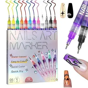 12Pcs Nail Art Graffiti Pen Set Waterproof Fine Tip Nail Marker Pens for Abstract Lines Fine Detail Floral Design Nail Painting Manicure DIY Nail Art Supplies