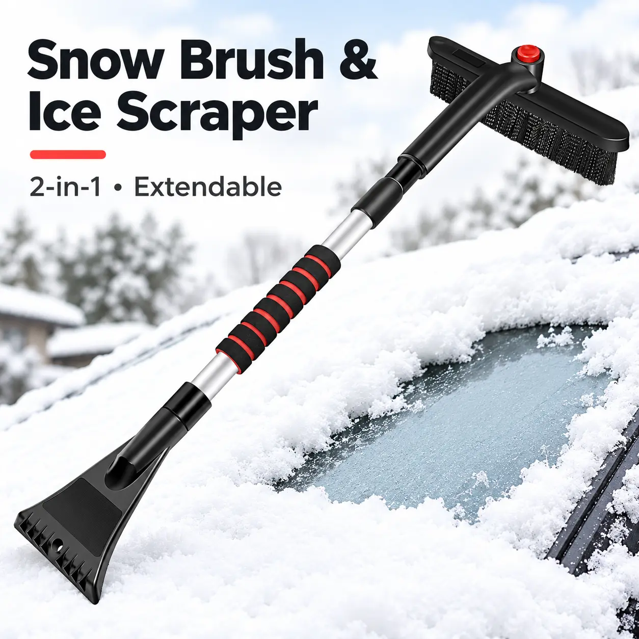 2-in-1 Extendable Car Snow Brush & Ice Scraper, 25.98–34.65 in Adjustable Handle, 360° Rotating Brush Head, Detachable Design & Foam Grip for Winter Snow Removal