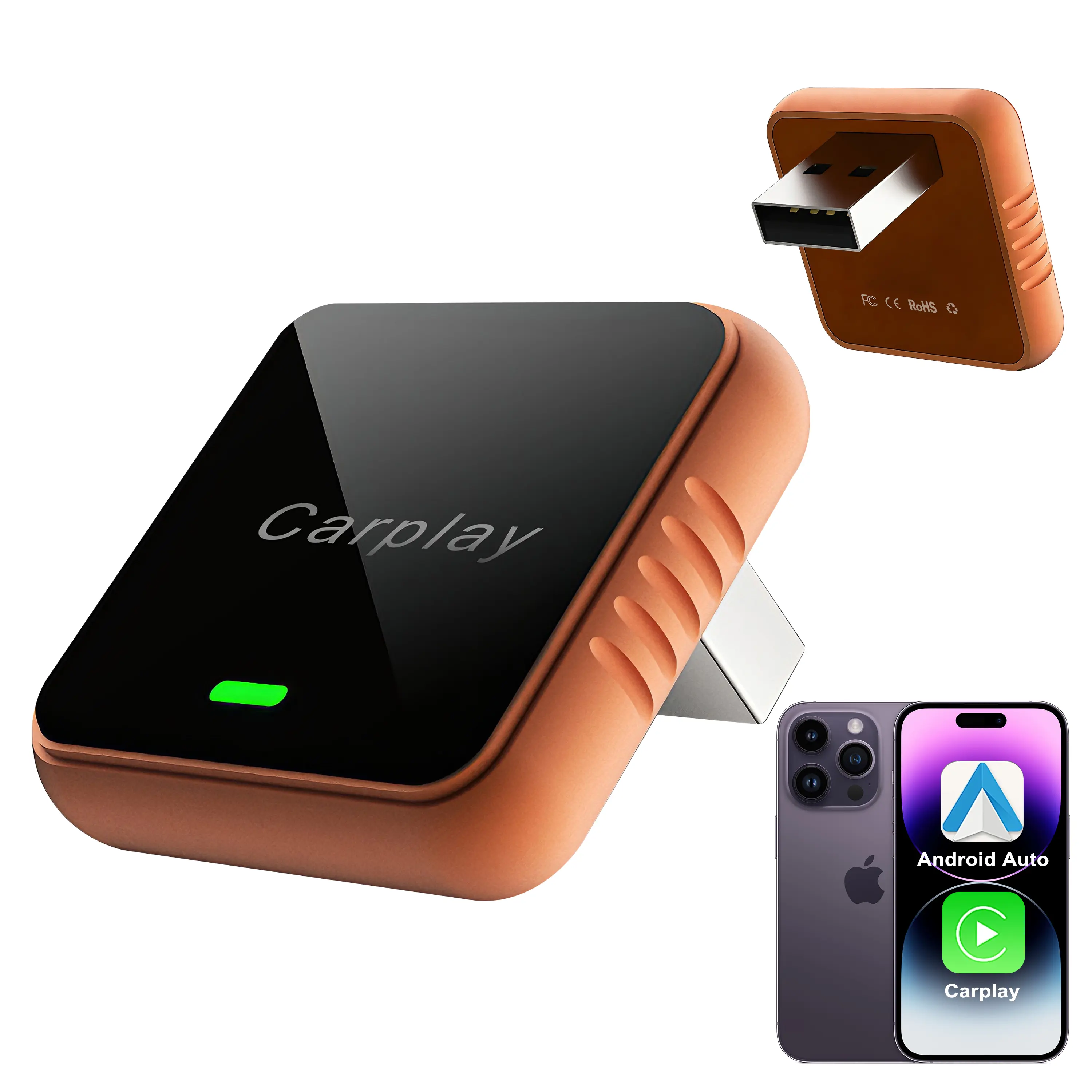 2026 New 2-in-1 Orange Mini Wireless Adapter for iPhone/Android Fast Connect Zero Plug And Play Hands-free Calling Reconnection