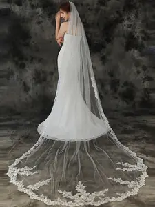 Long Train Veil, Single Layer, Bride Veil, Elegant Wedding Accessory, Exquisite Lace Appliqué, Hair Comb, All Seasons, Solid Pattern