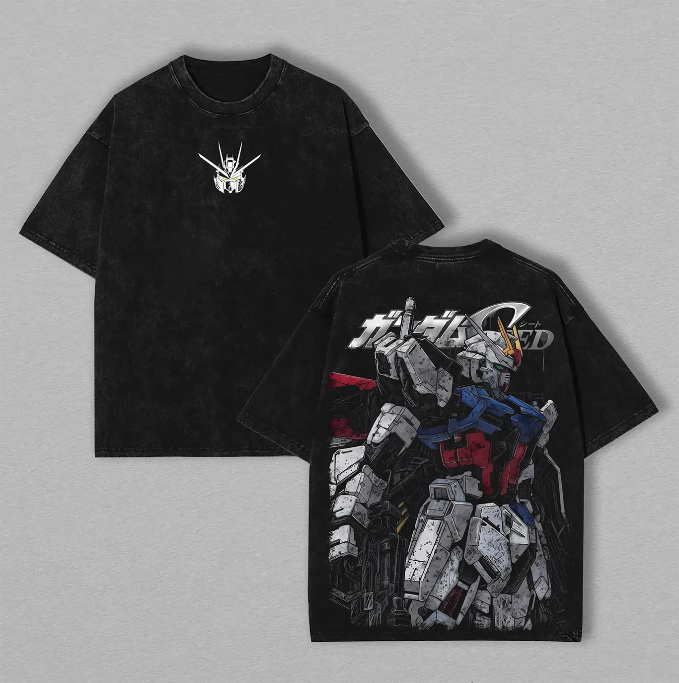 Oversized Mecha Robot Graphic T-Shirt in Vintage Washed 230gsm Cotton for Men & Women, Soft Relaxed Fit Shortsleeve Streetwear Apparel Clothes Menswear