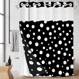 1pc hookless shower curtain with buckle lining, black and white polka dot geometric patchwork design, 2D flat printing, fabric waterproof lining, see-through double-layer shower curtain, 71 x 74 inches, modern home draping curtain, Shower Curtain Liner