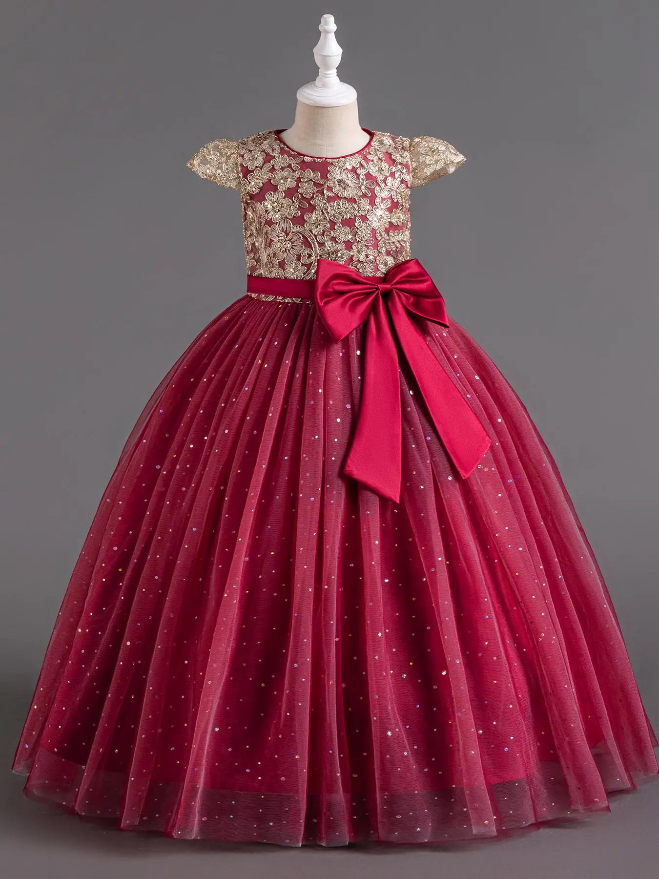 Girl's Contrast Sequin Floral Pattern Big Bow Decor Tulle Dress, Elegant Puff Sleeve Round Neck Zipper Back A Line Dress for Party, Kids Clothes for A