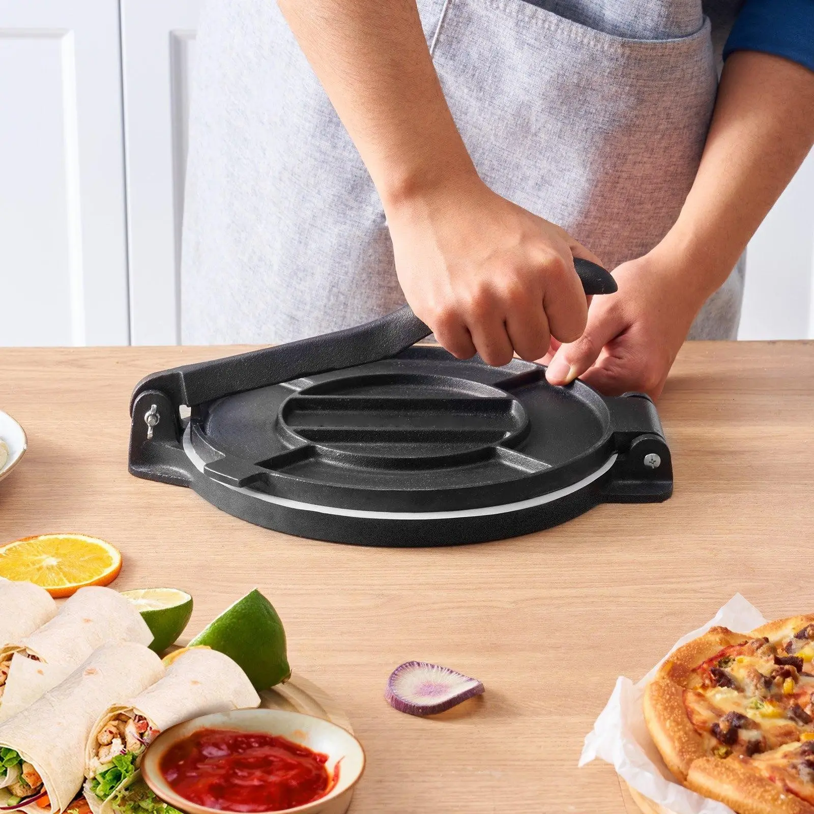 Tortilla Press, 8 Inch Tortilla and Roti Maker, Cast Iron Heavy Duty Tortilladora Press, Pre-Seasoned Pataconera Maker with 100 Pcs Parchment Paper, Dough Maker for Flour Tortilla, Tawa, Silver