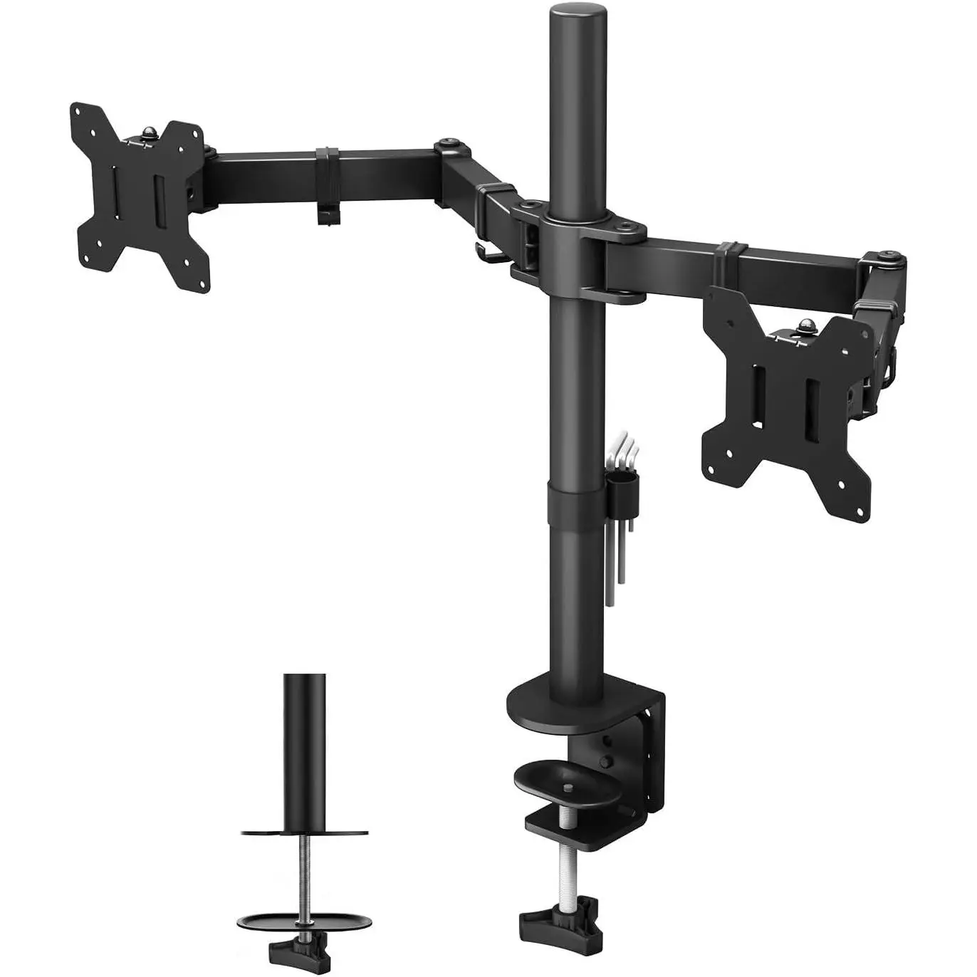 Dual  Desk Mount, Full Motion Adjustable  Stand for 13-27 Inch Screens, Heavy Duty Arms Hold Up to 22 lbs Each, VESA 75x75/100x100 mm, C Clamp and Grommet Base,  Management