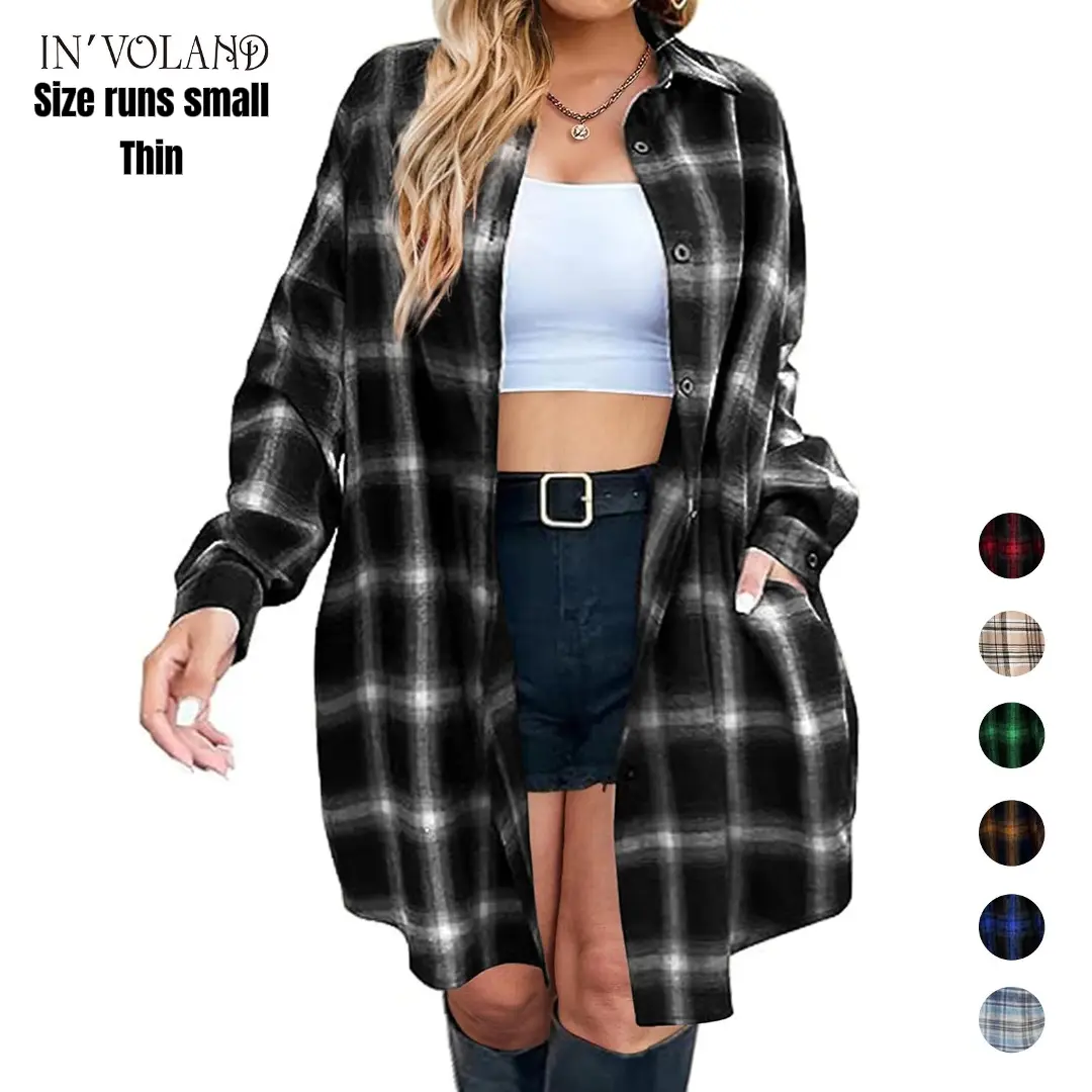 IN'VOLAND Women's Plus Size Plaid Flannel Shirts, Oversized Long Sleeve Button Down Shacket, Business Casual Lightweight Coats with Pockets, Essential, Tunic, Soft, Simple, Basic, Bodycon, Lady