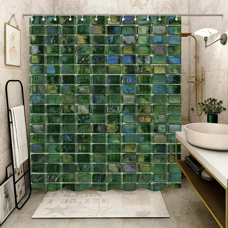 Glass Brick Wall Pattern Shower Curtain, Aesthetic Shower Curtain, Waterproof Shower Curtain with 12pcs Hooks, Bathroom Decor for Home, Hotel, Apartment, Dorm, Spa, Restroom, Pretty Shower Curtain, Bathroom Curtains