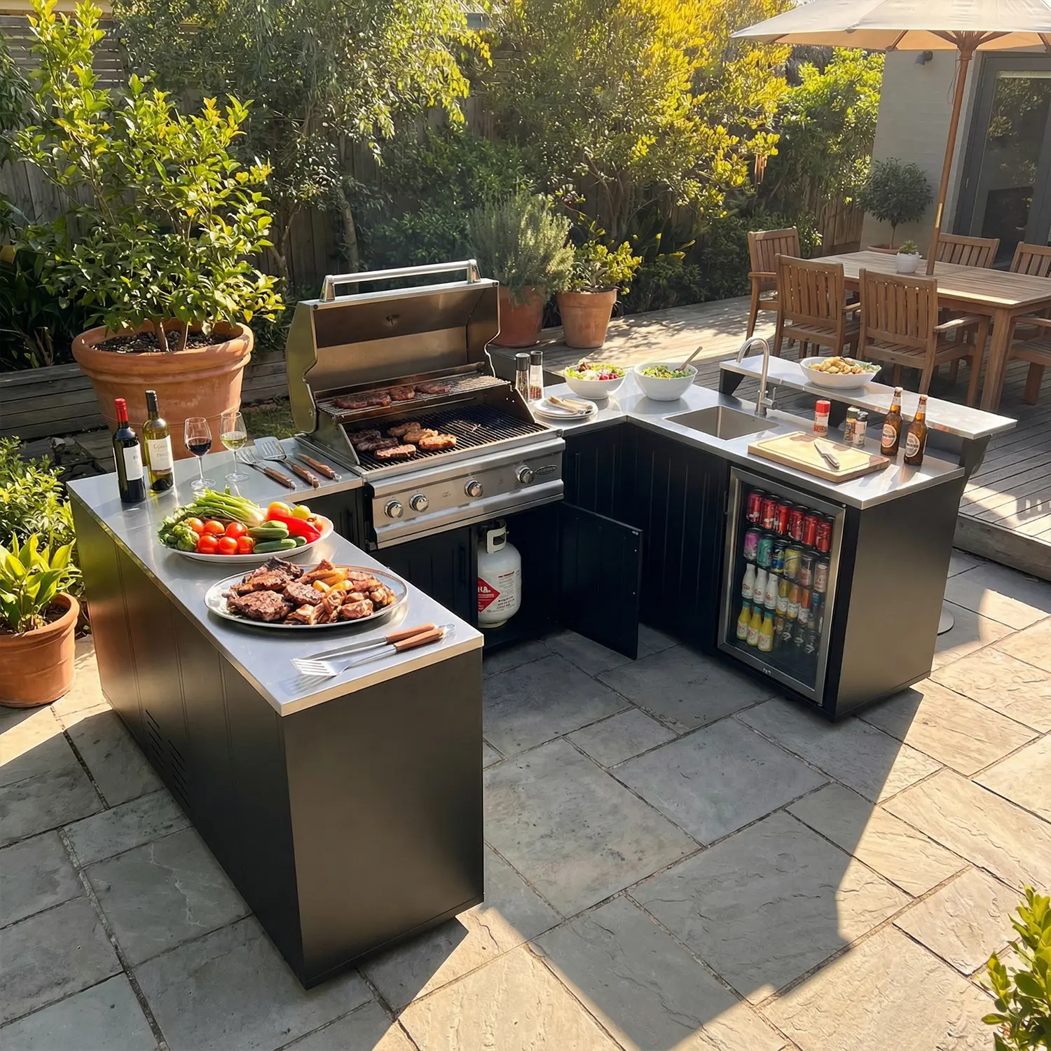 FUFU&GAGA Modern L-Shaped Garden Cooking Island, All-Weather Stainless Steel BBQ Grill Station with Sink, Bar Counter & Water-Resistant Matte Black Vertical Slat Cabinet Doors for Patio Backyard Entertainment