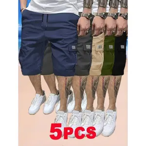 5pcsMen'sCargoShorts-Multi-PocketDurableFabric,No-BounceBreathableDesign,SolidColorCasualWorkwearStyleforSummer&CasualAttireBeigeMenswear