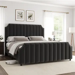 Queen Size Platform Bed Frame with 50.2" Headboard, Velvet Upholstered Bed Frame Queen with Vertical Channel Tufted Headboard & Footboard, Nailhead Trim, No Box Spring Needed, Cream