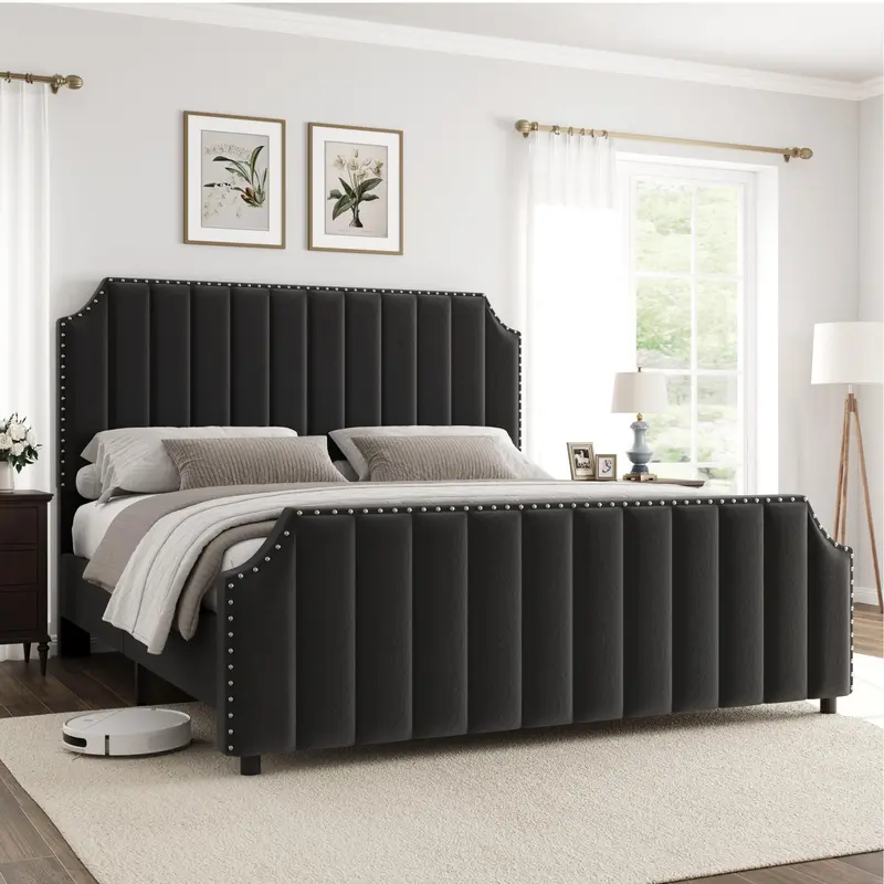 Queen Size Platform Bed Frame with 50.2" Headboard, Velvet Upholstered Bed Frame Queen with Vertical Channel Tufted Headboard & Footboard, Nailhead Trim, No Box Spring Needed, Cream