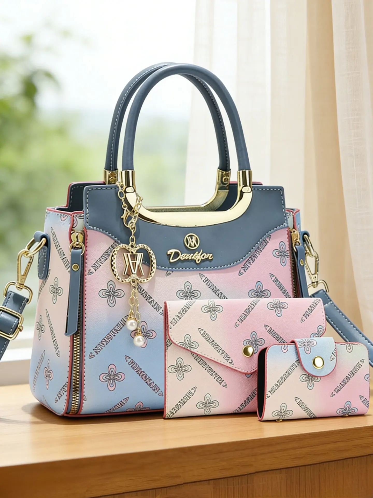 Women's handbag with rainbow gradient print, adorned with exquisite pendants, a shoulder and crossbody bag available in multiple colors, versatile, suitable for both work and dates, Handbag Wallet Set, Fashionable Bag Set