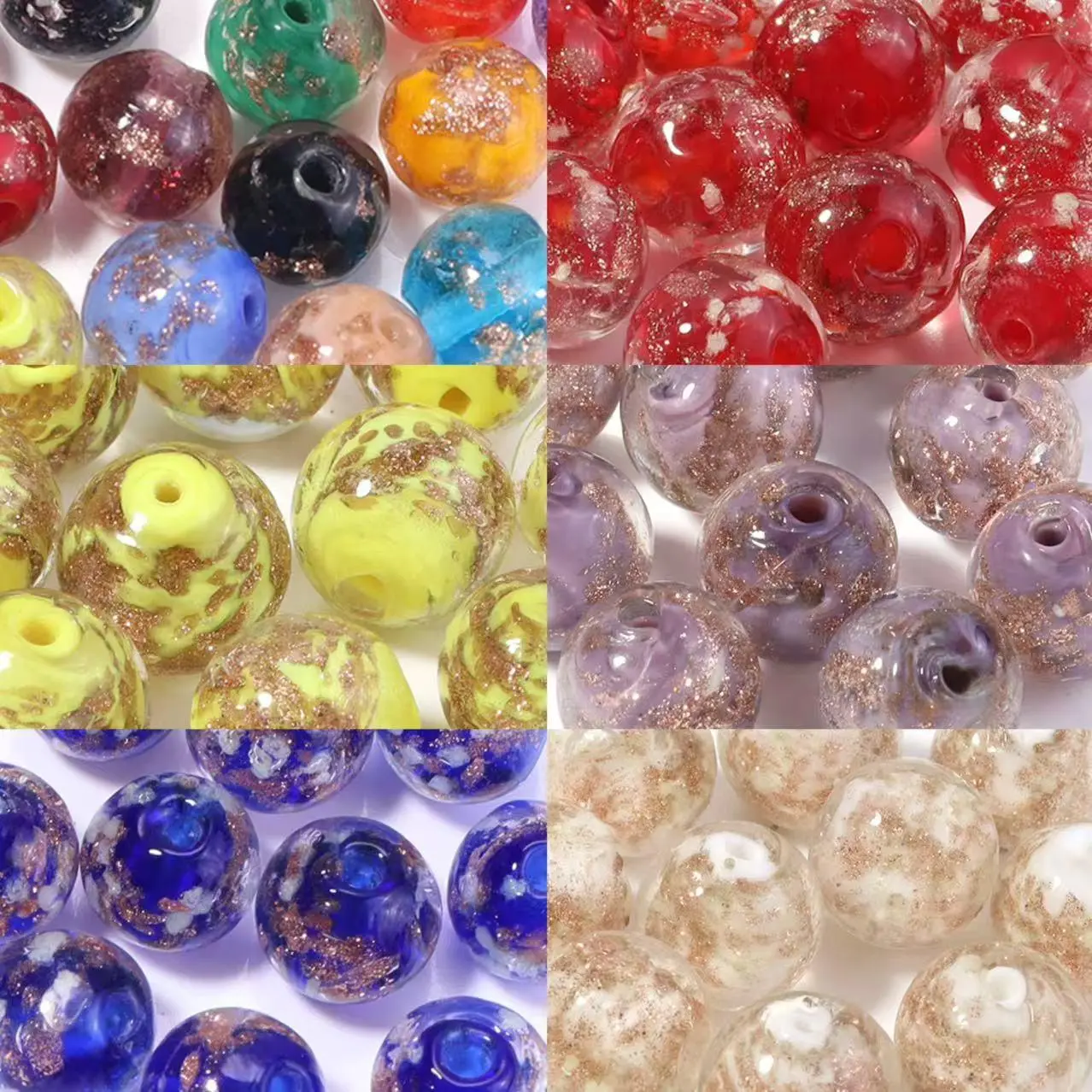 10Pcs 8/10/12mm Gold Sand Glass Beads Colorful Lampwork Beads Round Loose Spacer Beads For Jewelry Making DIY Bracelet Necklace