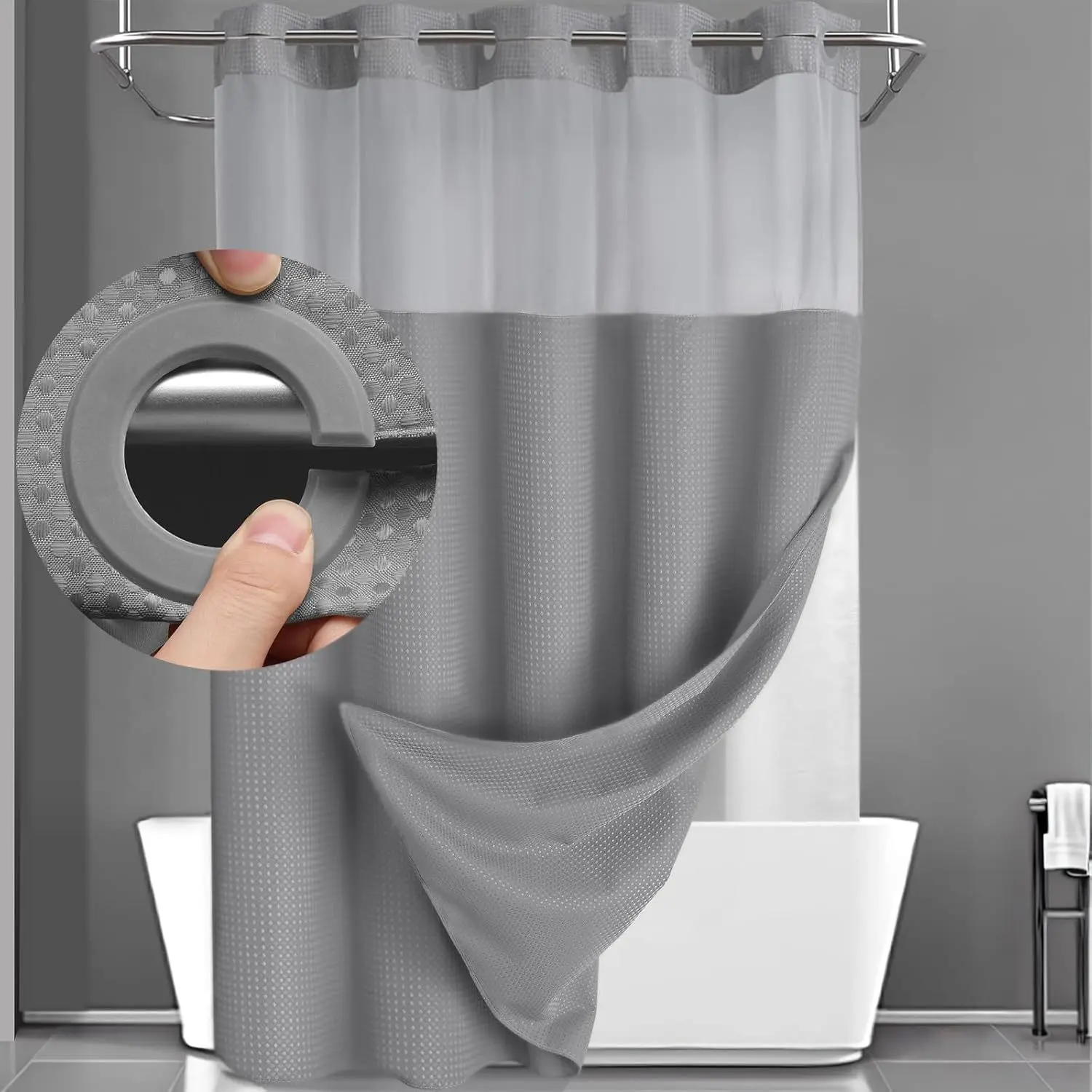 Shower curtain without hooks with snap-in liner – waterproof double-layer shower curtain with a washable inner liner, 72 x 75 inches