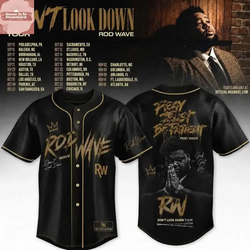 Rod Wave Don’t Look Down Tour Baseball Jersey, Black Hip Hop Concert Graphic Shirt, Rap Fan Apparel, Vintage Streetwear Button-Up Jersey, Music Festival Outfit Gift
