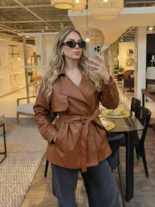 Elegant Belted Waist Long Sleeve Leather Jacket for Women, Fall Winter Loose Fit Casual Double-Breasted Windbreaker, Trendy Outerwear