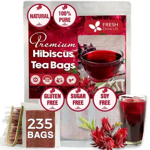 FreshDrinkUS, Premium 235 Hibiscus Flowers Tea Bags, 100% Natural, Pure from Hibiscus Flowers. Loose Flower Hibiscus Herbal Tea. Hibiscus Flower Tea. No Sugar, No Caffeine, No Gluten, Vegan. hibiscus tea