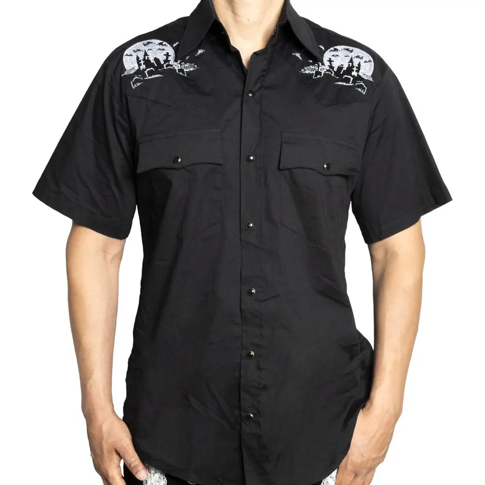 Nighttime Cemetery Western Shortsleeve Pockets Button Shirt for Men
