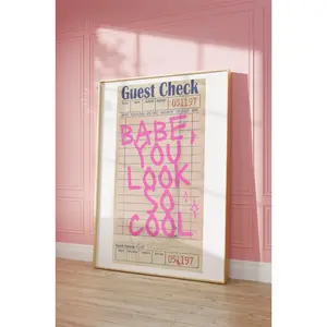 Guest Check Print Babe You Look So Cool Guest Check Poster Trendy Wall Art Prints Retro Trendy Printable Art Preppy Decor Pink Digital Art