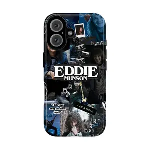 Stranger Things Eddie Munson music collage film phone case, compatible with iPhone 17, 16, 15, 14, 13, and 12.