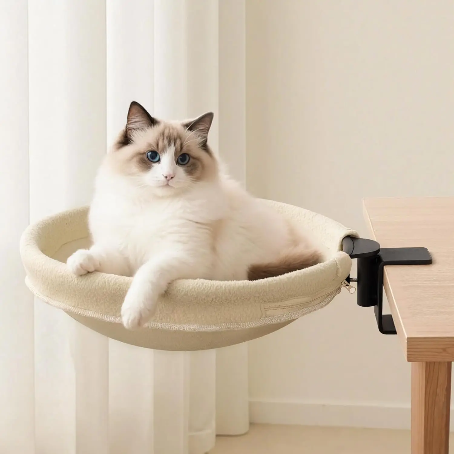 Large Cat Hammock Desk Bed - Steel Solid Space-Saving Elevated Circle Perch with Stable G-Clamp Fit, Tough Detachable Washable Fabric Cover, Secure Mounting, Rotates Easily, Easy to Install & Store, 360-Degree Rotatable, Supports up to 50 lbs