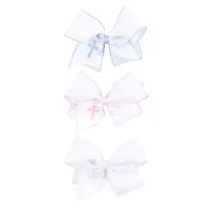 Cross Embroidered Moonstitch Hair Bow - Girls Grosgrain Ribbon Hair Accessory for Easter, Baptism or Christening