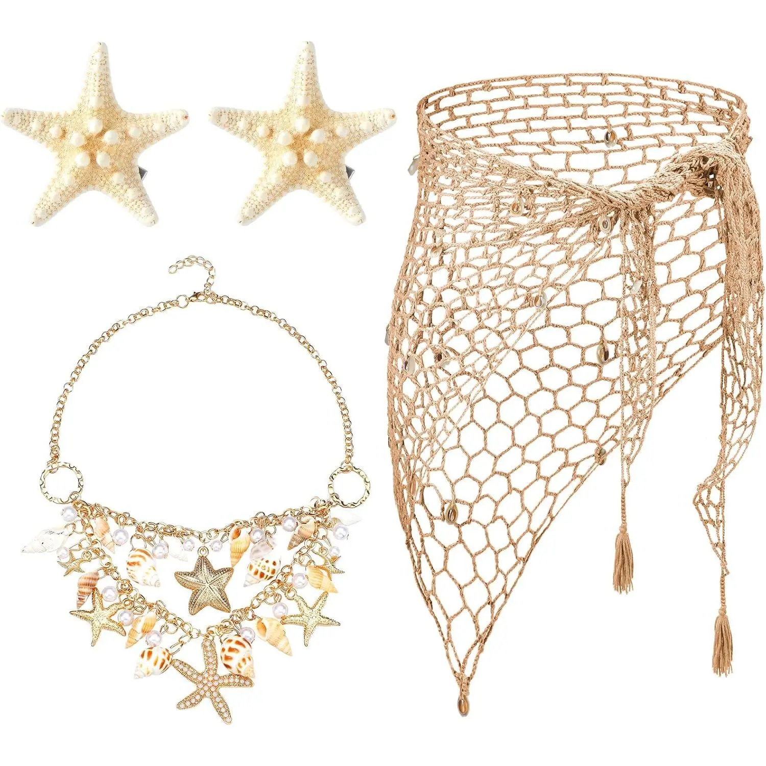 Women's 4-Piece Gorgeous Exotic Mermaid Costume Accessory Set - Crochet Fishnet Sarong Scarf Triangle Shawl Cape, Starfish Necklace & Hair Clips for Halloween Cosplay, Swimwear