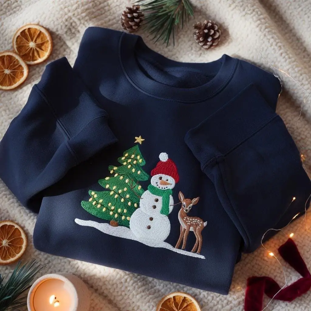 EMBOIDERED Snowman Christmas Sweatshirt, Christmas Tree Sweater, Reindeer Crewneck, Holiday Season Shirt, Christmas Sweater, Snowman Shirt Cotton Fabric