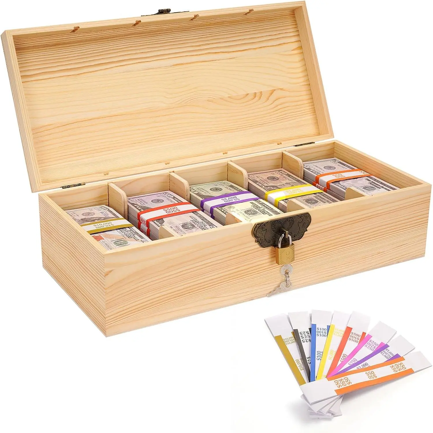 Wooden Locking Currency Money Cash Tray with Coin Tray, 5 Compartment Wooden Cash Money Currency Organizer Storage Change Box Case Holder Moneyboxes with Lockable Cover 300 Money Wrappers Office Stationery Supplies Home Office Dollars