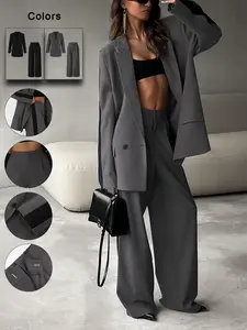 Women's Casual Business Formal Loose Fit Suit Set, Contrast Color Blazer and High Waist Straight Leg Pants, Summer/spring Elegant Office Wear