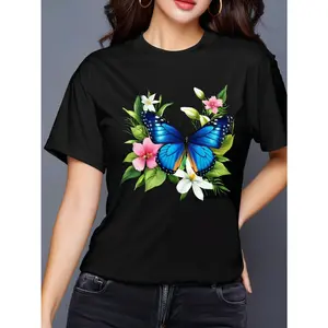 1pc YCJ Women's Black T-Shirt - Casual Short Sleeve Round Neck Blouse with Floral & Butterfly pattern in Blue, Pink, Green, White - Everyday & Formal Outfits - Machine Washable Cotton Top, Versatile Clothing, Allseason Fabric