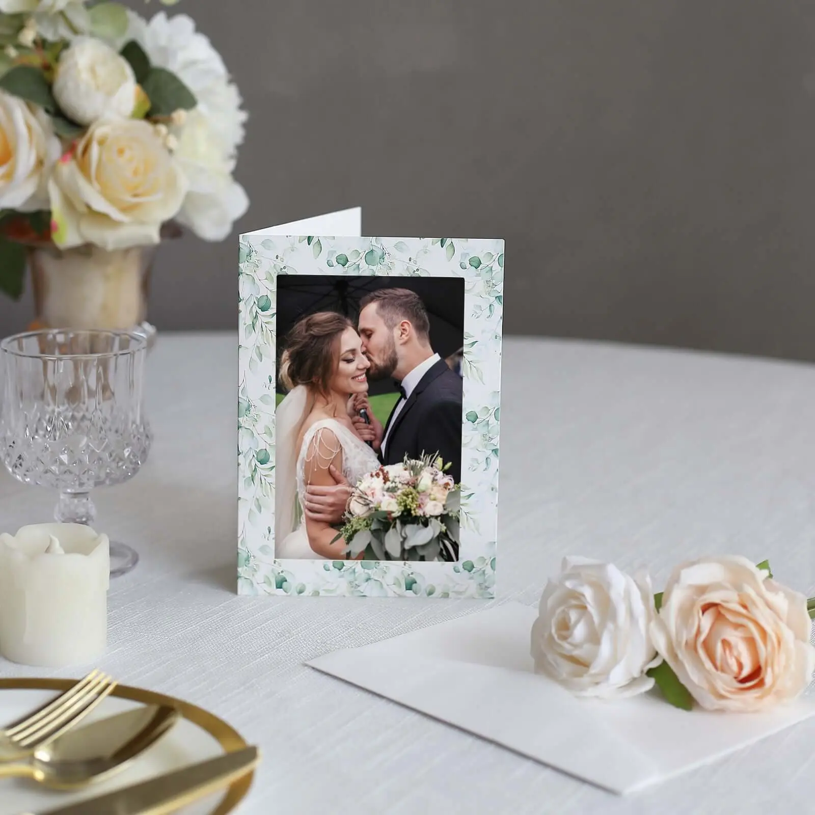 25-Pack White Green Photo Frame Thank You Cards 3.5"x5.5" Eucalyptus Leaves Design with Envelopes - Picture Insert Invitation Cards for Weddings & Events