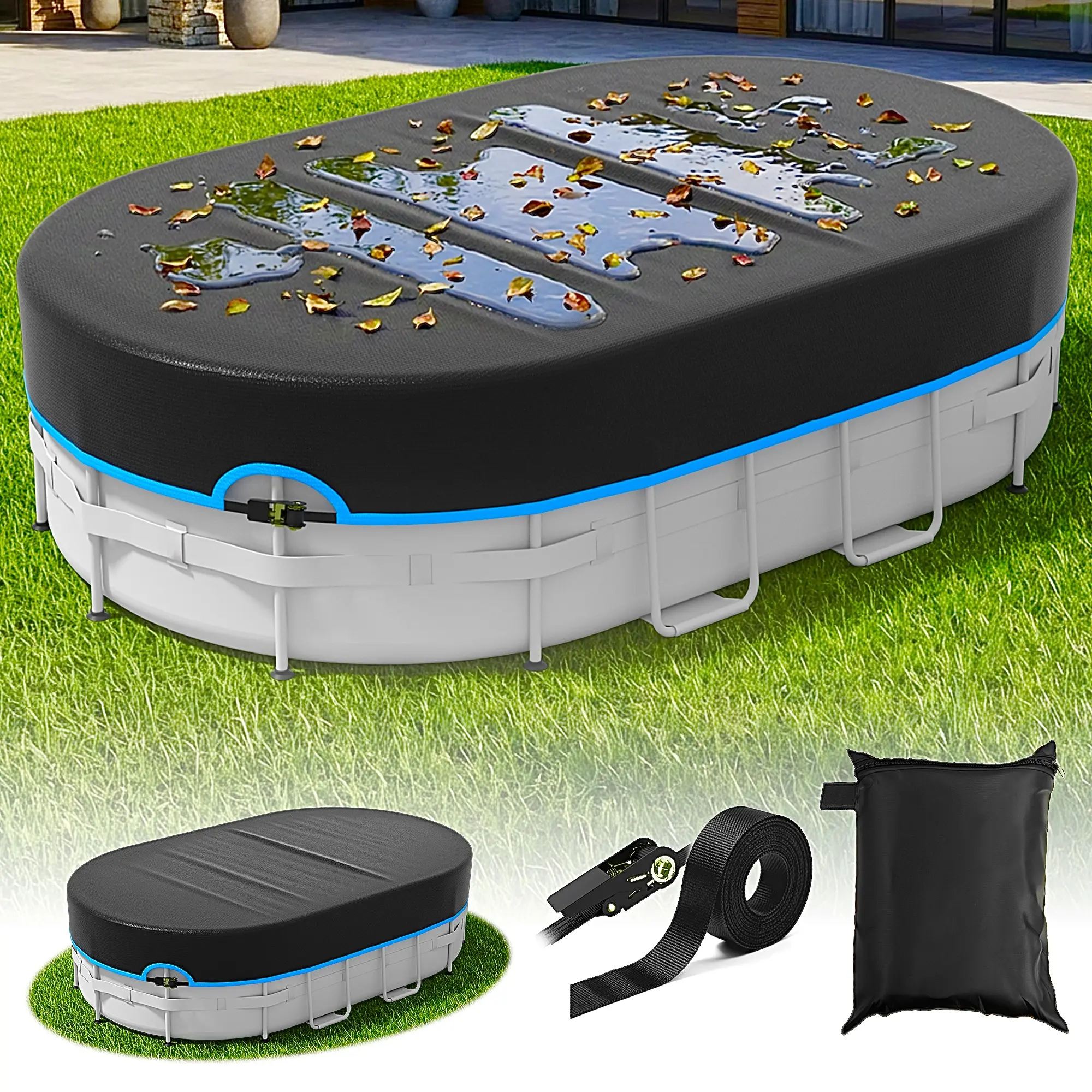 Oval Above-Ground Pool Cover - Solar, Windproof, Waterproof, Dustproof, UV-Resistant, Heavy-Duty Metal Latch, Super-Tough Oxford Fabric, Above Pool Accessories, for Outdoor Equipment Protection