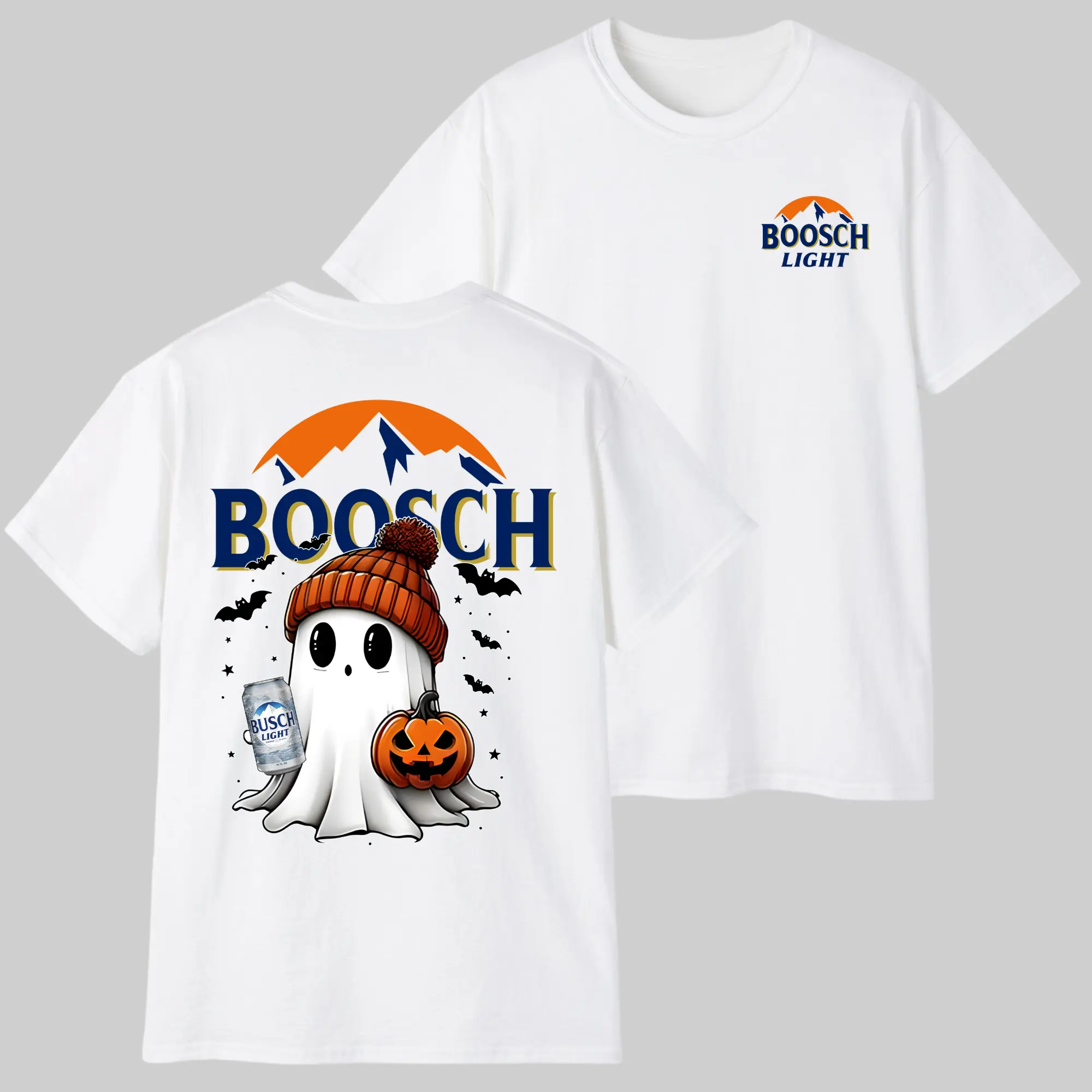 Boosch Light Halloween Ghost Pumpkin T-Shirt, Funny Beer Parody Graphic Tee, Cute Boo Boo Ghost Shirt, Vintage Comfort Colors Spooky Season 2-Sided Unisex Cotton Tee
