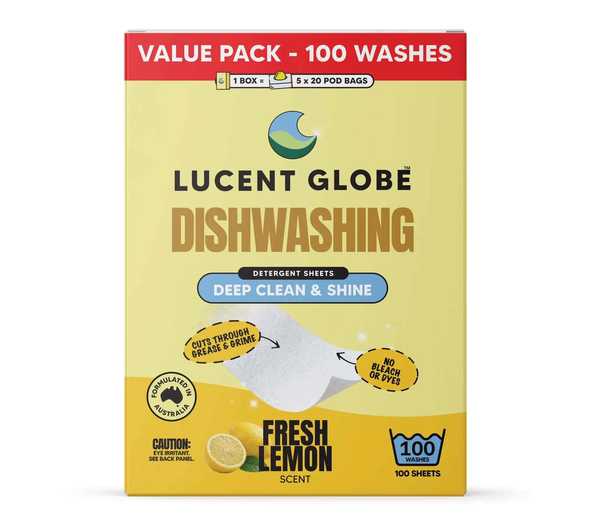 Lucent Globe 100 pack Diswashing Detergent Sheets Lemon