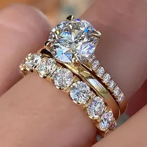 Gold Plated 3 PCS 925 Sterling Silver Stackable Engagement Rings Set Cubic Zirconia Eternity Bands Wedding Promise Rings Halo Wedding Engagement Promise Eternity Rings