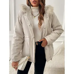Fuzzy Trim Slant Pocket Drawstring Waist Hooded Parka Coat Long Sleeve Fabric