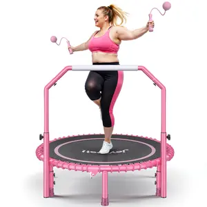 Joyspot 450 LBS Foldable Trampoline,40" Fitness Trampoline with Bungees, Adjustable Foam Handle/T-Handle，No-Rope Training Jump Rope，Stable & Quiet Exercise Rebounder for Adults