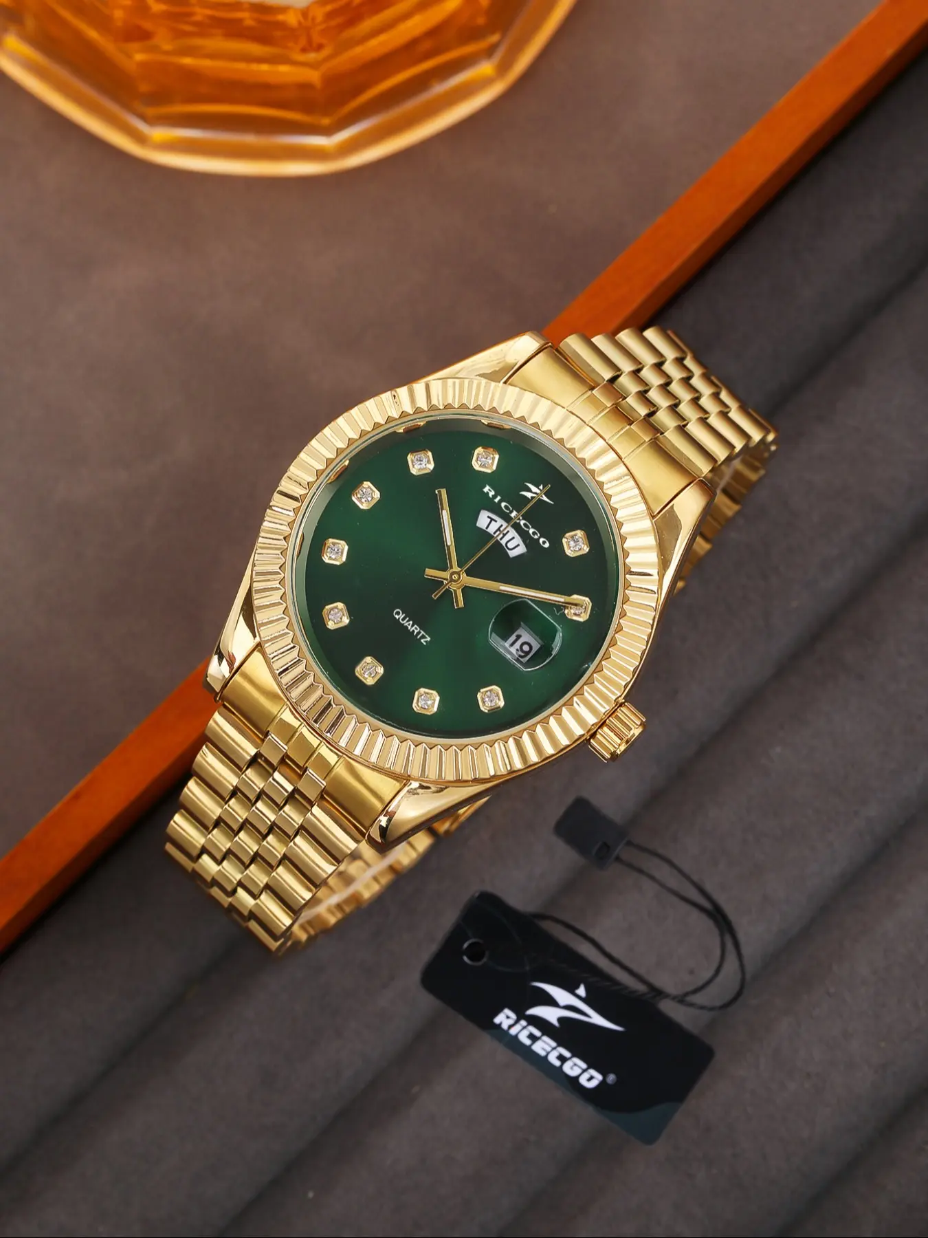 RICECGO 1pc men's quartz analog watch, Luminous High End Fashionable Wristwatch, water brick decoration, round dial, large dual calendar function, wide daily use, gift box, birthday or special occasion gift, Quartz Watches