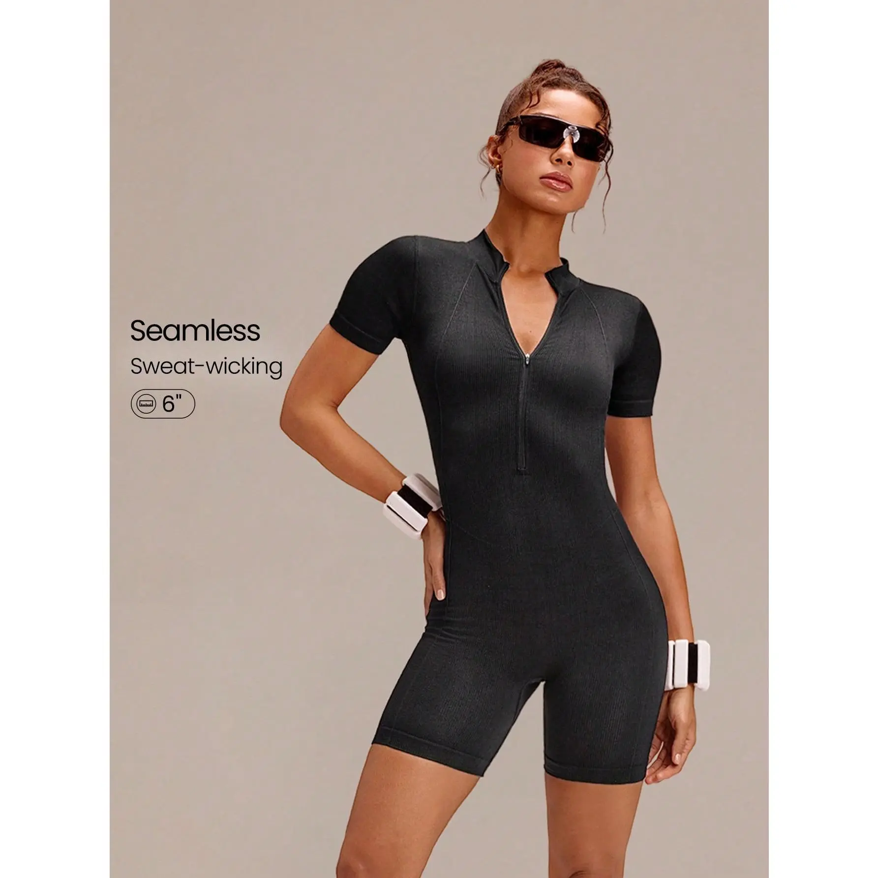 GLOWMODE 6" Ultrafine Soft Seamless Rep Ready Contour Seams Short Sleeve Zip-Up Romper Training Running Workout Gym Daily Active Wear