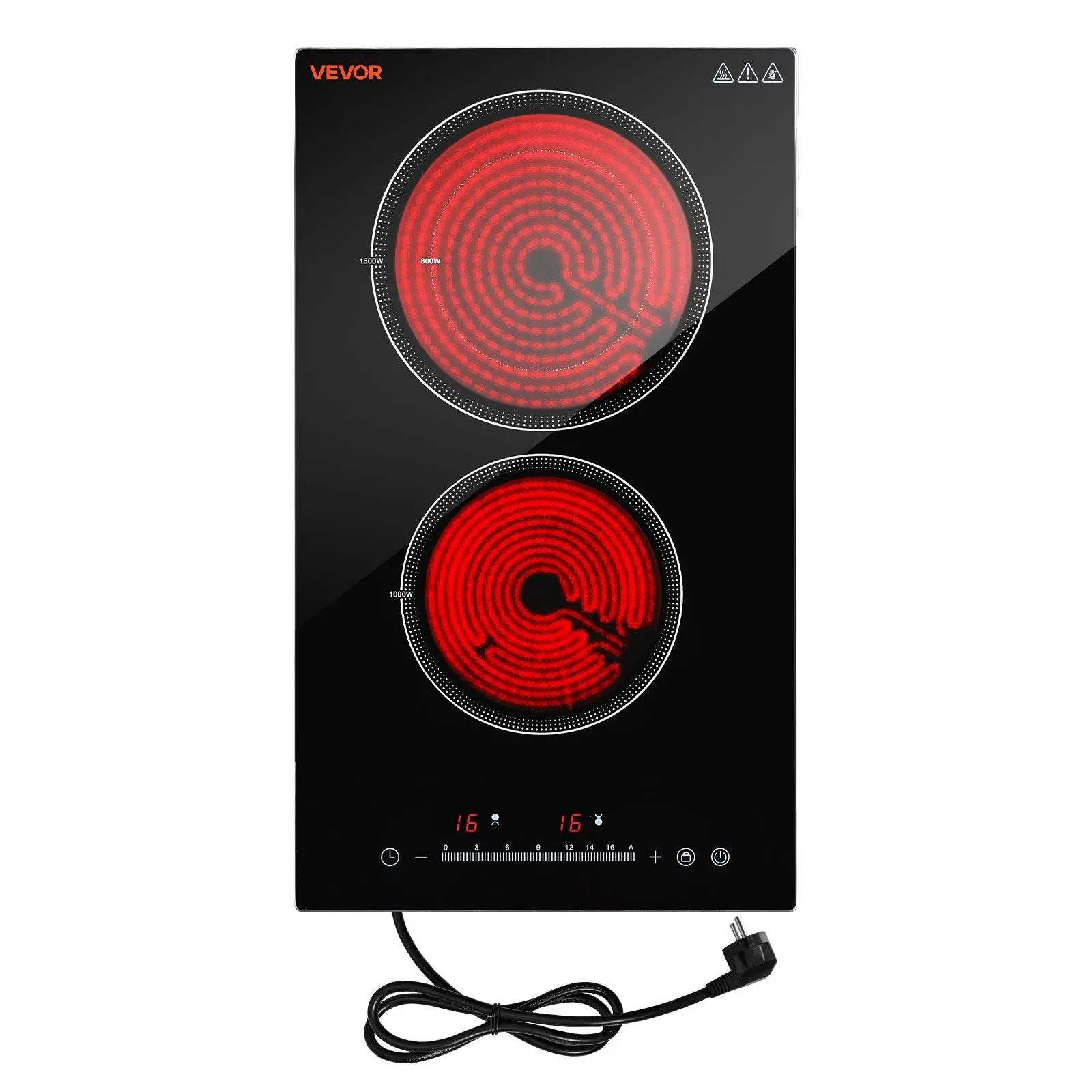 VEVOR Electric Cooktop 12inch 2 Burners Portable Stove Top 1800W 120V, Ceramic Countertop/Built-in Radiant Electric Stove, with 16 Power Levels, Timer, Child Lock, Over-Heat Guard, Touch Control