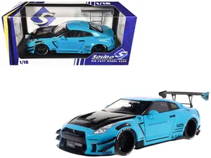 2023 Nissan GT-R (R35) Liberty Walk Body Kit 2.0 RHD Baby Blue with Carbon Hood 1/18 Diecast Model Car by Solido
